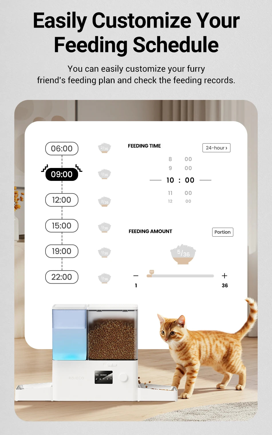 ROJECO 8.5L Auto Pet Feeder & 3.5L Water Fountain – WiFi App, Gravity Drinker