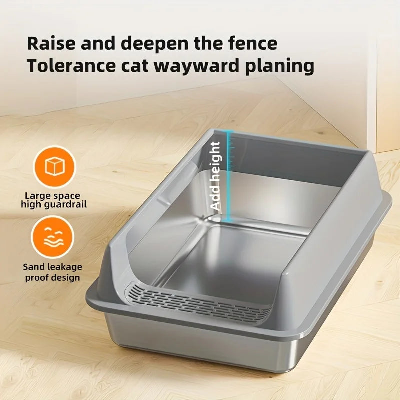 Stainless Steel Cat Litter Box – Semi-Enclosed, Splash-Proof