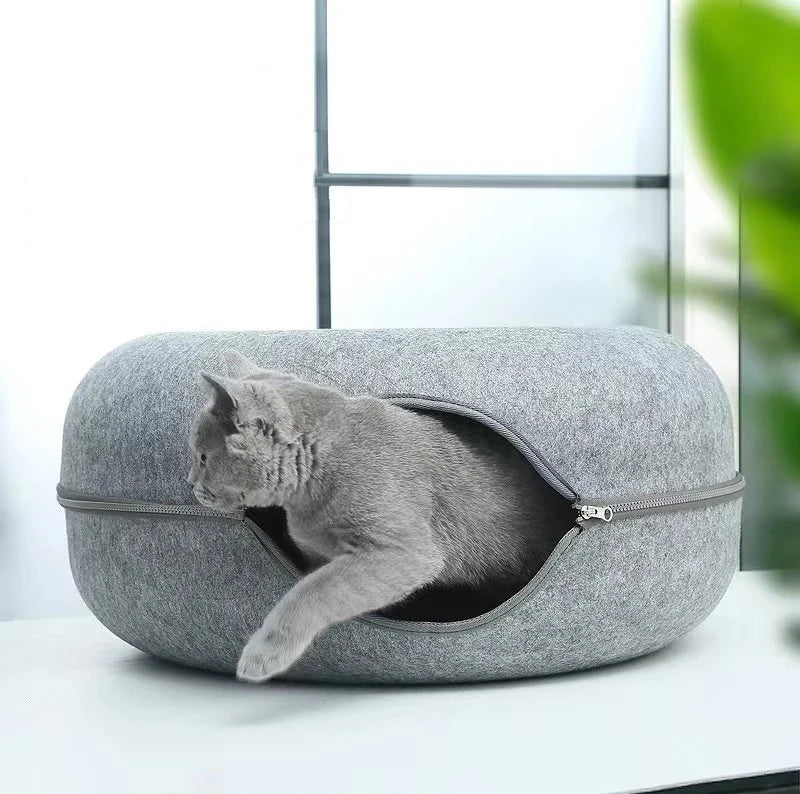 Donut Cat Bed Pet Cat Interactive Game Toy Cat Bed Dual-use Tunnel Bed with Felt Toy Gift for Small Kitten Rabbit