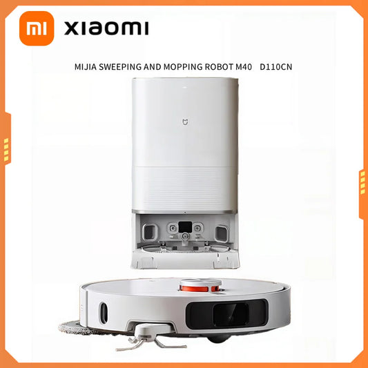 Xiaomi Mijia M40 robot vacuum cleaner with LDS navigation, 12kPa suction, and smart mop lift in action on a hardwood floor.