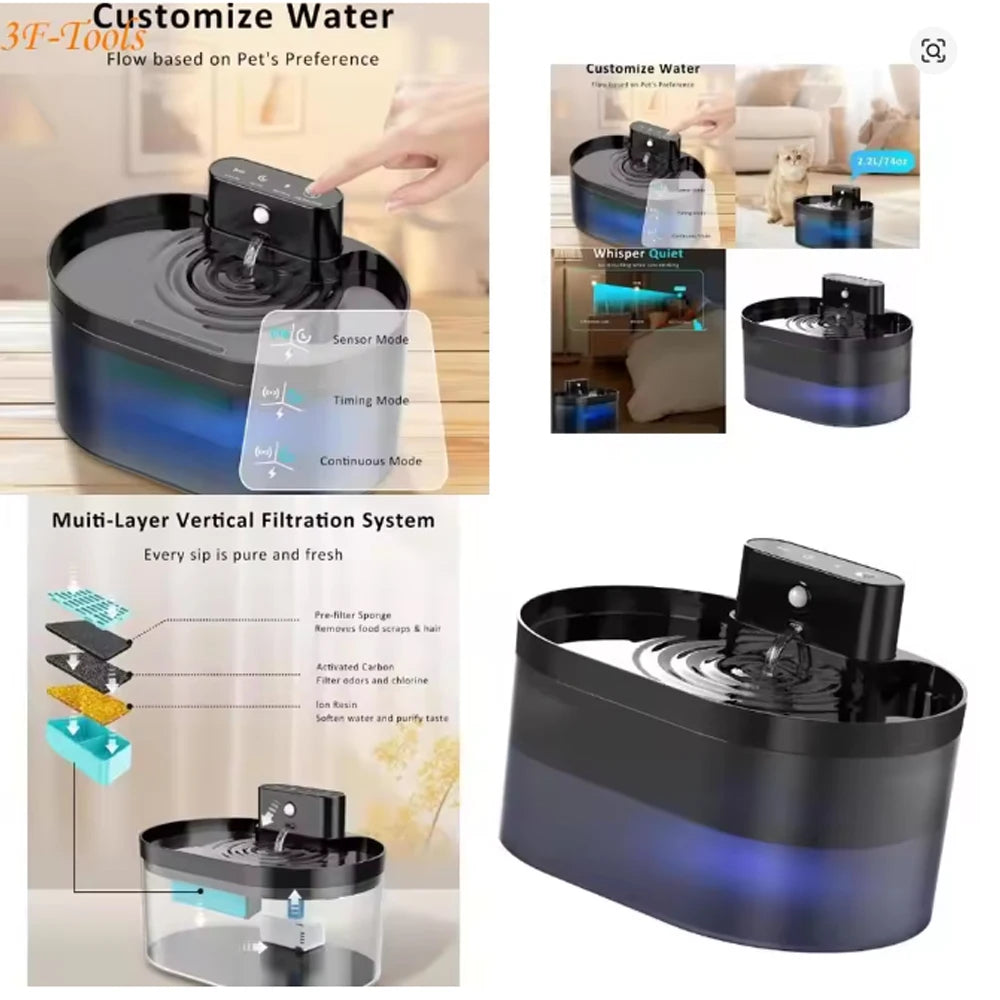 2.2L Wireless Cat Water Fountain Battery Operated Automatic Pet Water Fountain With Motion Sensor Dog Cat Water Dispenser Bowl