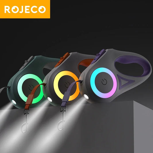 ROJECO Automatic Retractable Dog Leash LED Luminous Leading Fashion Light Straps For Dog Puppy Pet Flexi Walking Running Lead 5m