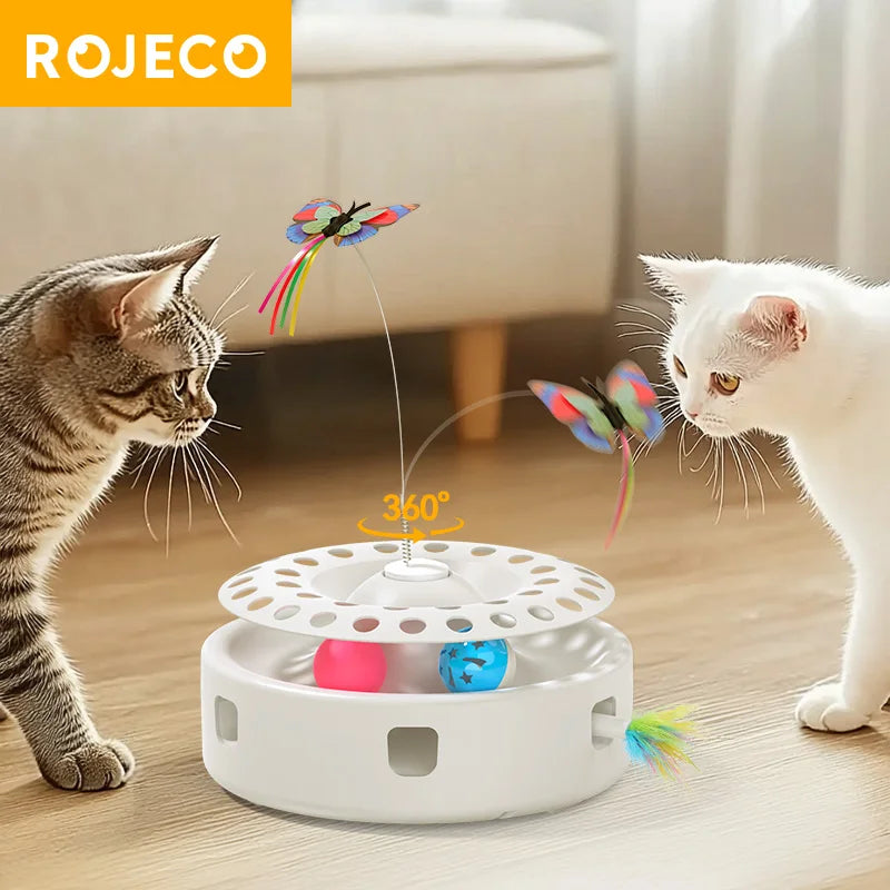 ROJECO 3-in-1 Auto Cat Toy – Butterfly Teaser, Track Balls & Ambush Feather