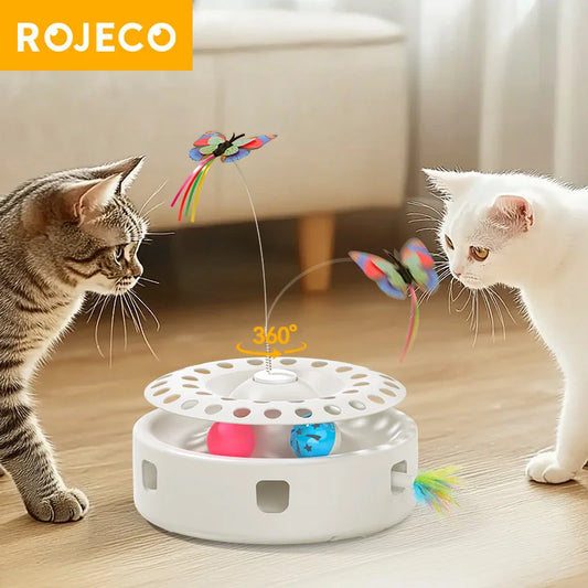 ROJECO 3-in-1 Auto Cat Toy – Butterfly Teaser, Track Balls & Ambush Feather