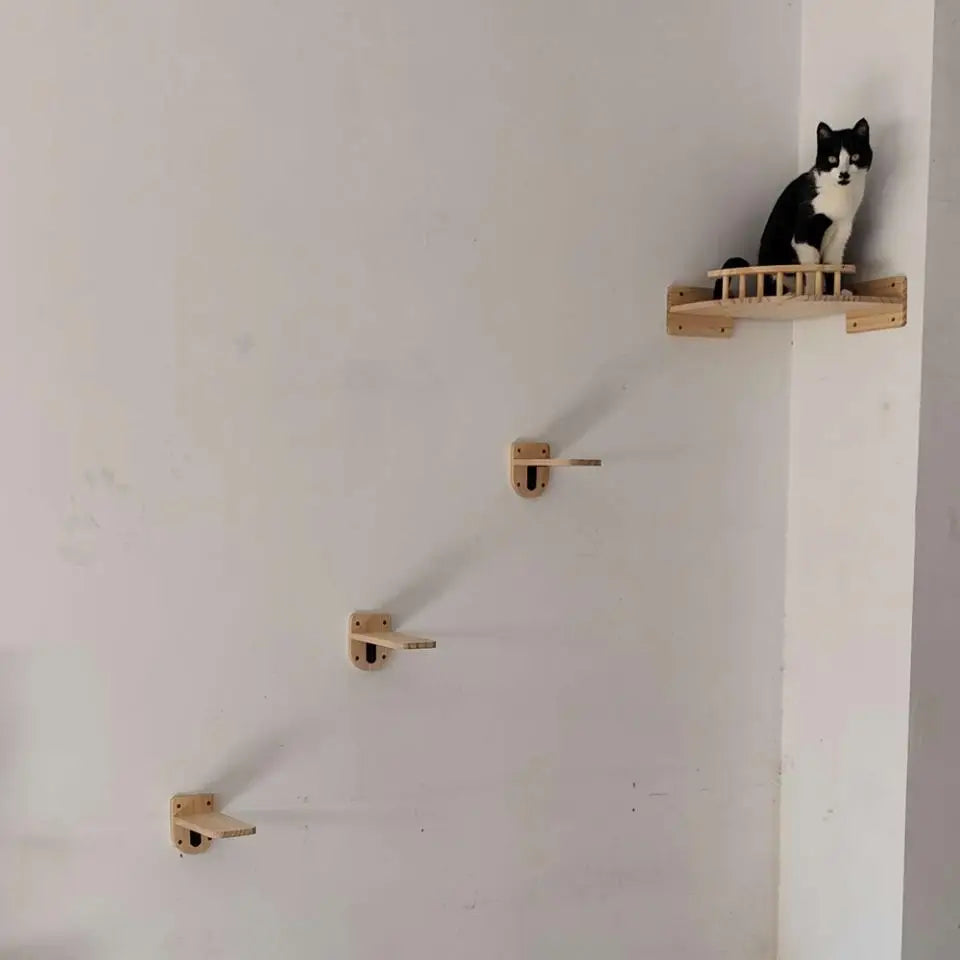 Wooden Cat Tree Tower Cat Climbing Scratching Post Stairs Hammock Hiding House Indoor Playground Cat Walkway Wall Pet Furniture
