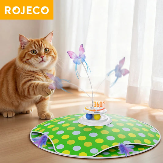 ROJECO 3-in-1 Hide & Seek Cat Toy – Feather, Butterfly & Track Balls