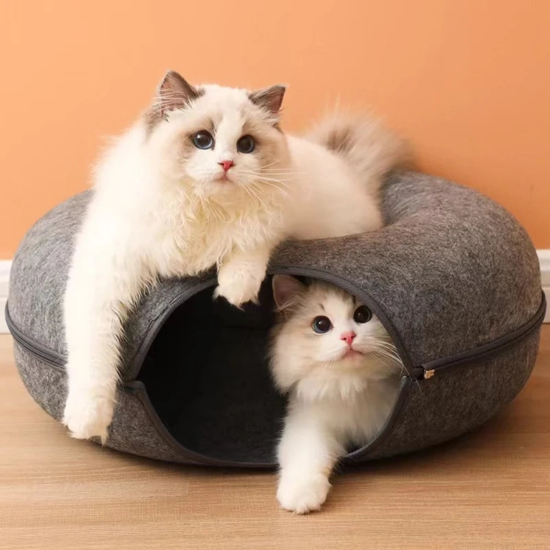 Donut Cat Bed Pet Cat Interactive Game Toy Cat Bed Dual-use Tunnel Bed with Felt Toy Gift for Small Kitten Rabbit