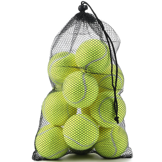 Set of 12 Waggy Tail training tennis balls for dogs with a mesh carry bag, perfect for play and training sessions.