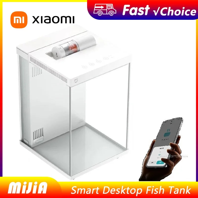 Xiaomi Mijia Smart Desktop Aquarium 10L with app-controlled feeding and pro filtration, shown with aquatic plants and clear water.