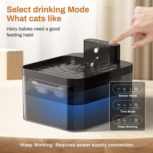 Wireless Waggy Tail 2.2L cat water fountain with infrared sensor and rechargeable 2600mAh battery, featuring a sleek design.