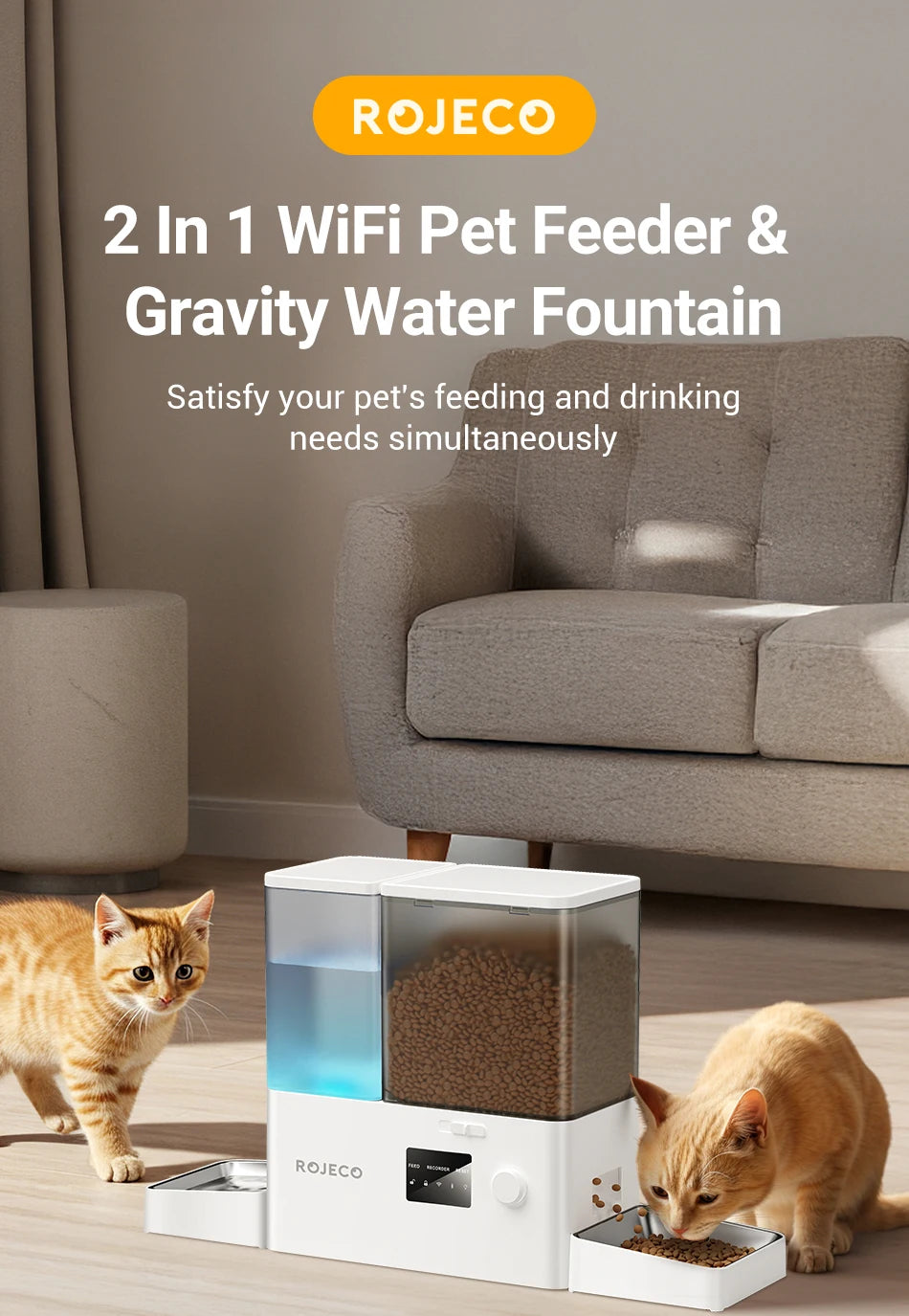 ROJECO 8.5L Auto Pet Feeder & 3.5L Water Fountain – WiFi App, Gravity Drinker