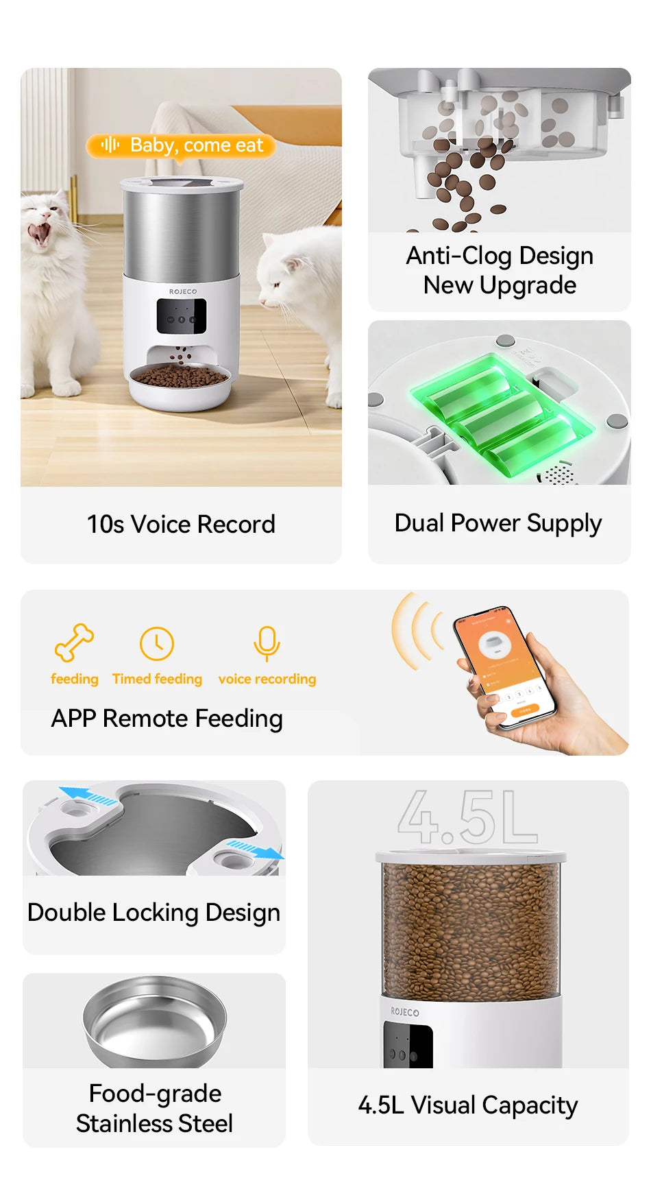 ROJECO Stainless Steel Auto Cat Feeder – WiFi App, Voice Recorder, Smart Dispenser