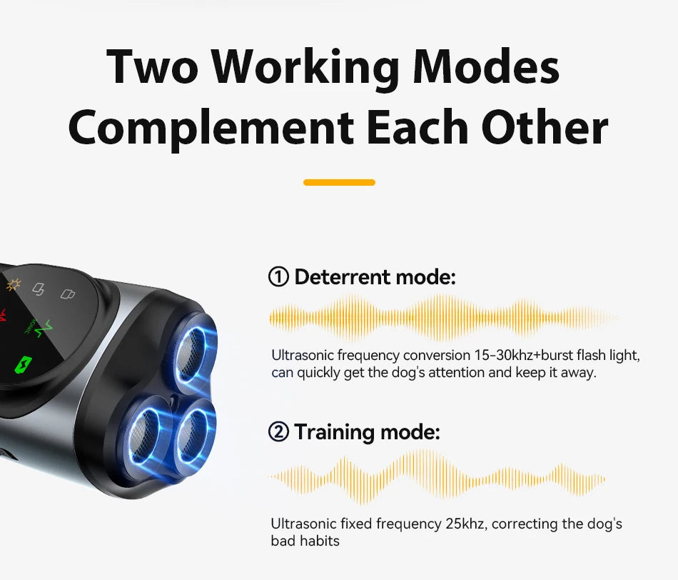 ROJECO Ultrasonic Dog Repeller Anti Barking Training Deterrent Device Rechargeable High Power Dog Repeller With LED Flashlight ﻿
