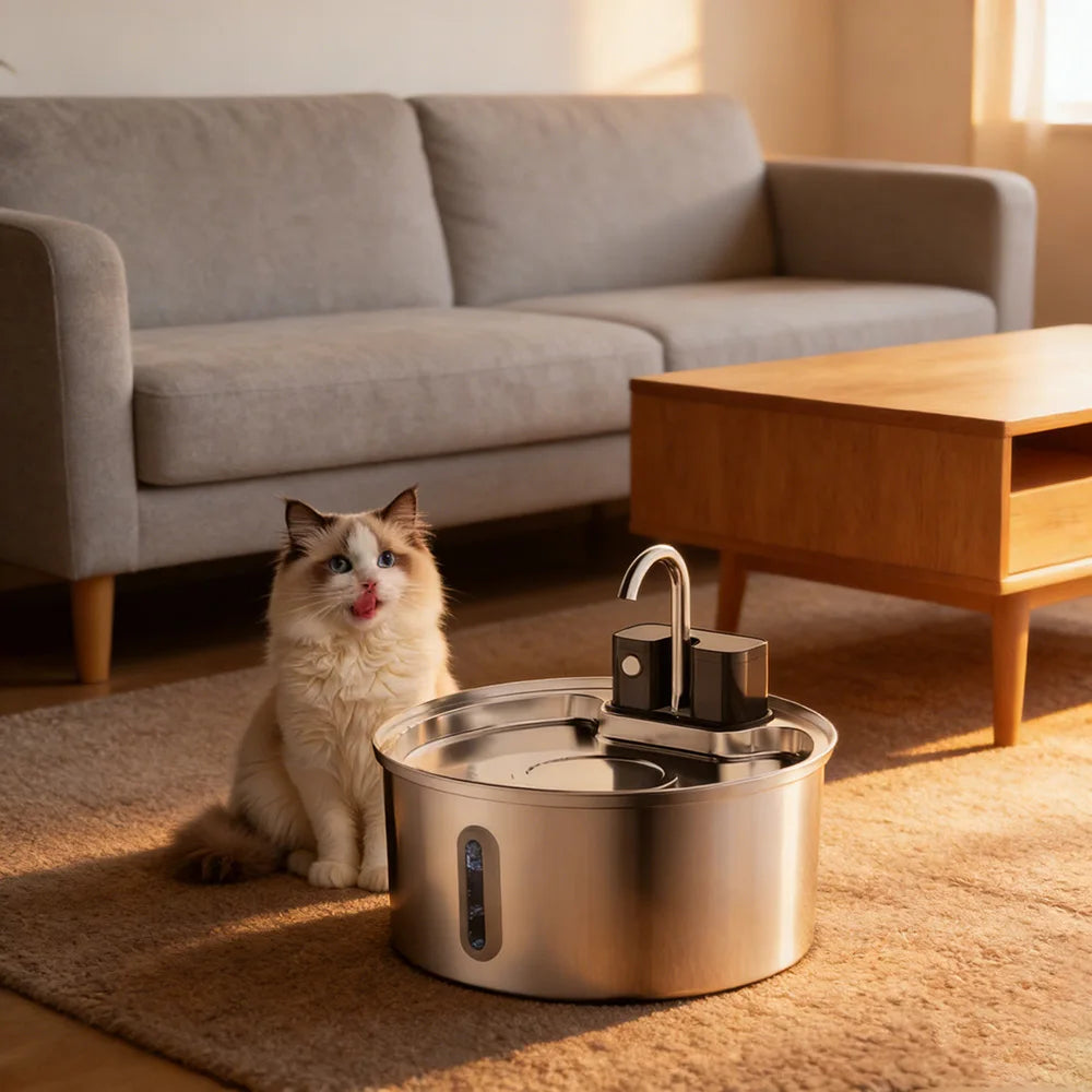 Wireless stainless steel cat water fountain featuring 3.2L capacity, auto filtration, and 4000mAh battery by Waggy Tail.