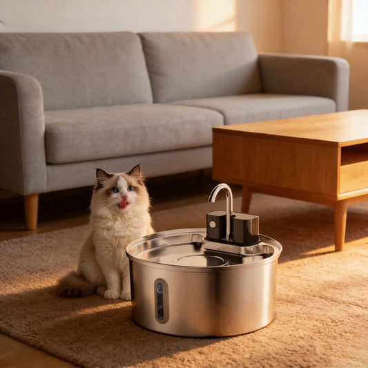 Wireless stainless steel cat water fountain featuring 3.2L capacity, auto filtration, and 4000mAh battery by Waggy Tail.