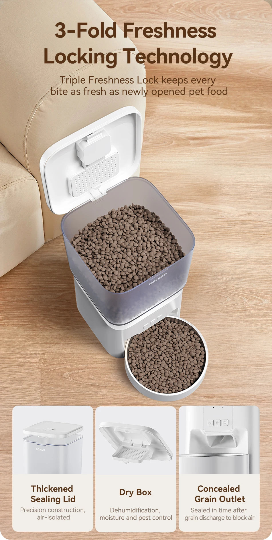 ROJECO 4.5L Auto Dog Feeder – WiFi App, Smart Kibble Dispenser for Cats & Dogs