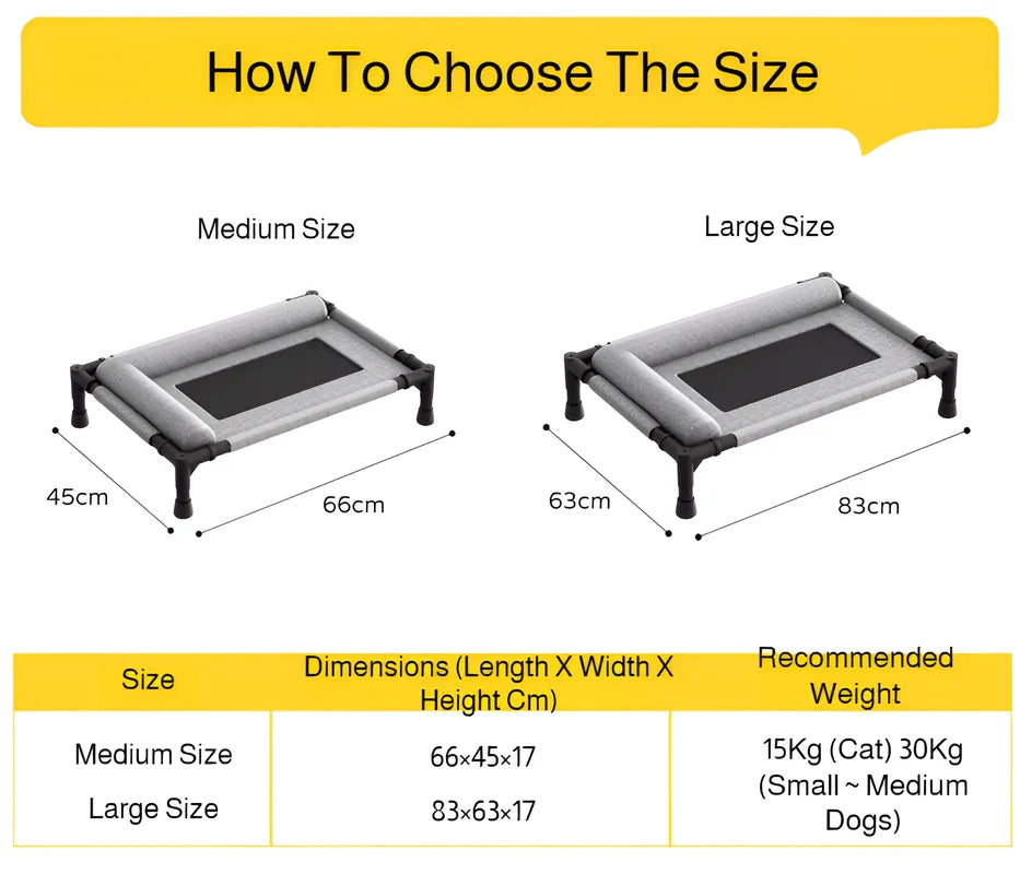Waggy Tail elevated breathable mesh pet bed with moisture-proof fabric, large off-ground camp bed for dogs and cats.
