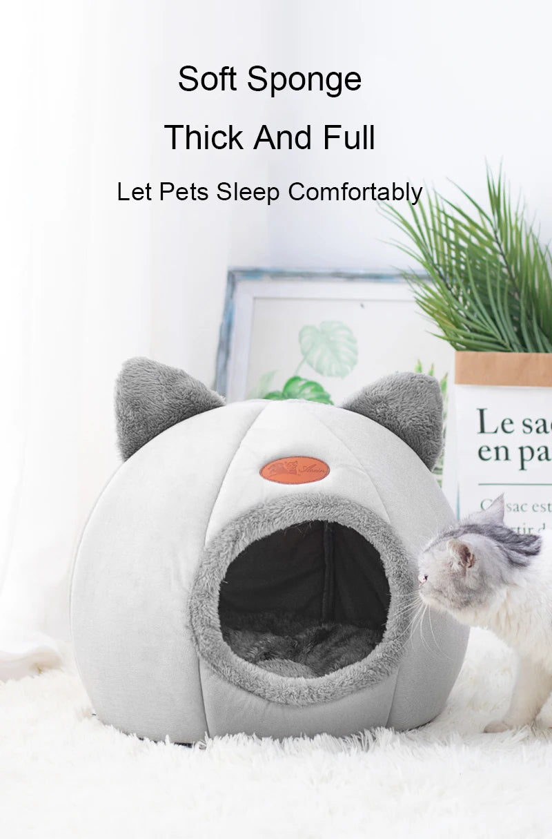 Cat Head Shape Cute And Comfortable Warm Cat House Safe Sleep Cave Non-Slip Semi-Closed Design Four Seasons Universal Cat Nest