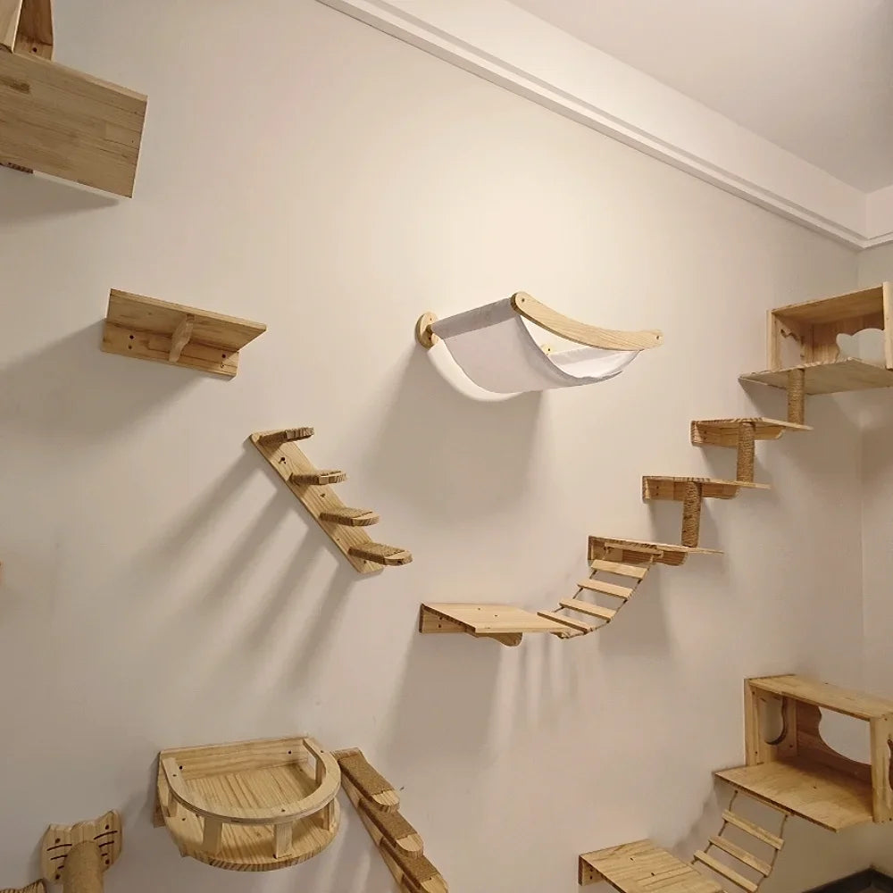 Wooden Cat Tree Tower Cat Climbing Scratching Post Stairs Hammock Hiding House Indoor Playground Cat Walkway Wall Pet Furniture