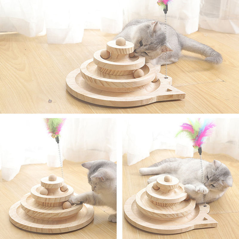 Wooden Multi-Level Cat Tower Track – Intelligence Amusement & Ball Training Toy