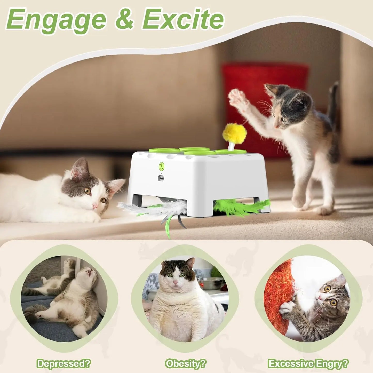 Whack-a-Mole Auto Pop-Up Cat Toy – Rechargeable Feather