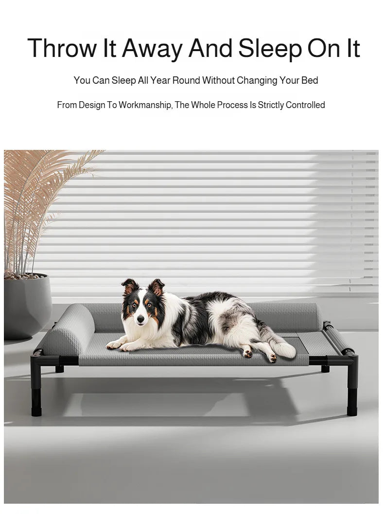 Breathable mesh pet bed by Waggy Tail with moisture-proof, off-ground design for dogs and cats, ideal for comfortable outdoor use.