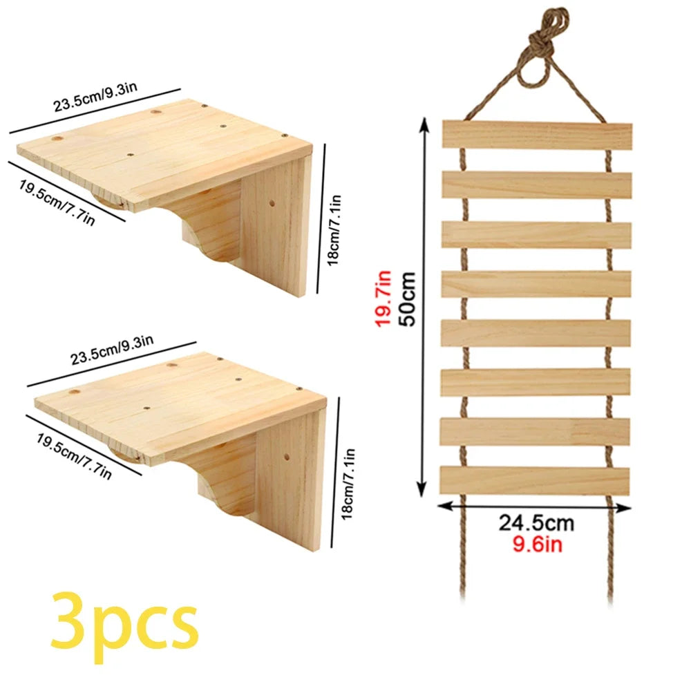 Wooden Cat Tree Tower Cat Climbing Scratching Post Stairs Hammock Hiding House Indoor Playground Cat Walkway Wall Pet Furniture