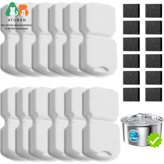 Waggy Tail stainless steel cat water fountain replacement filters with carbon and foam filter set on a white background