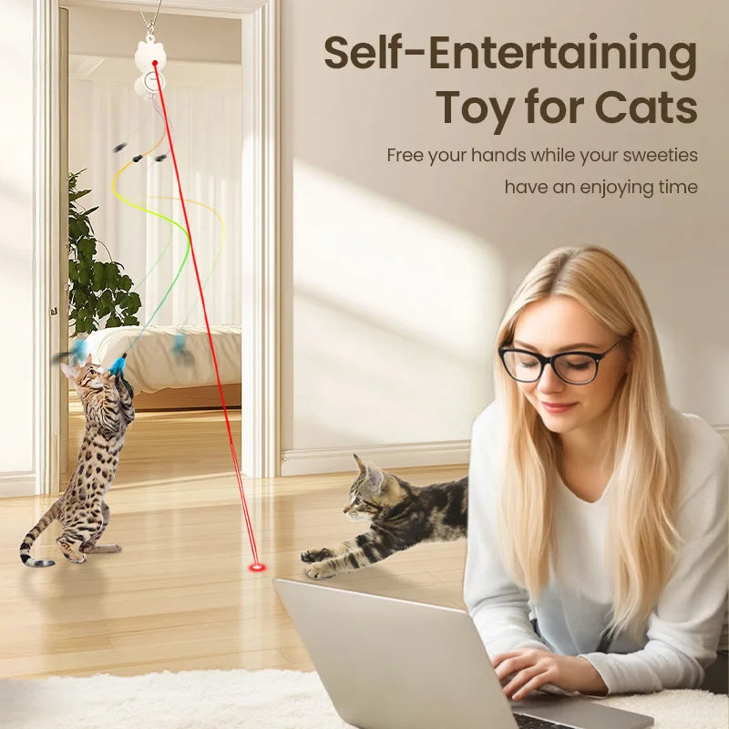 2-in-1 Auto Cat Toy – Laser & Retractable Feather Wand