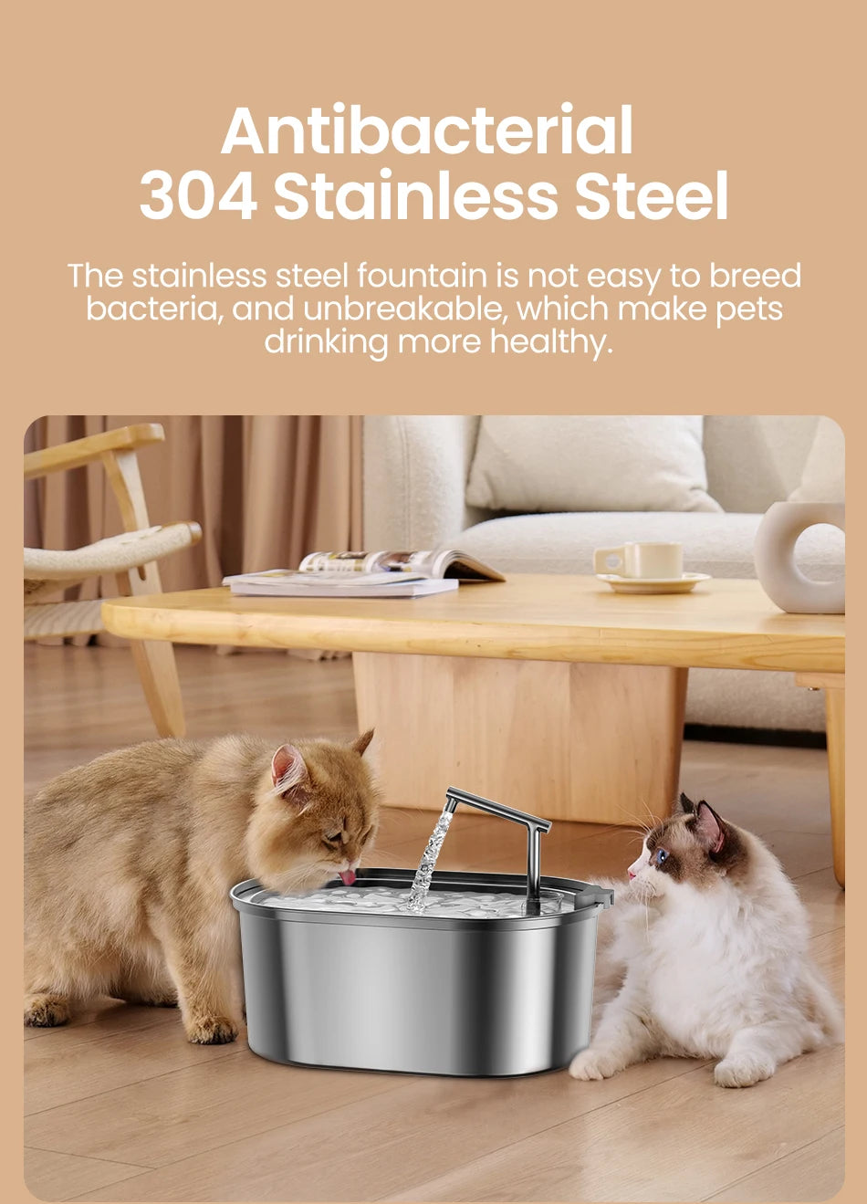 ROJECO Stainless Steel Cat Water Fountain – Auto Drinker with Pump for Cats & Dogs