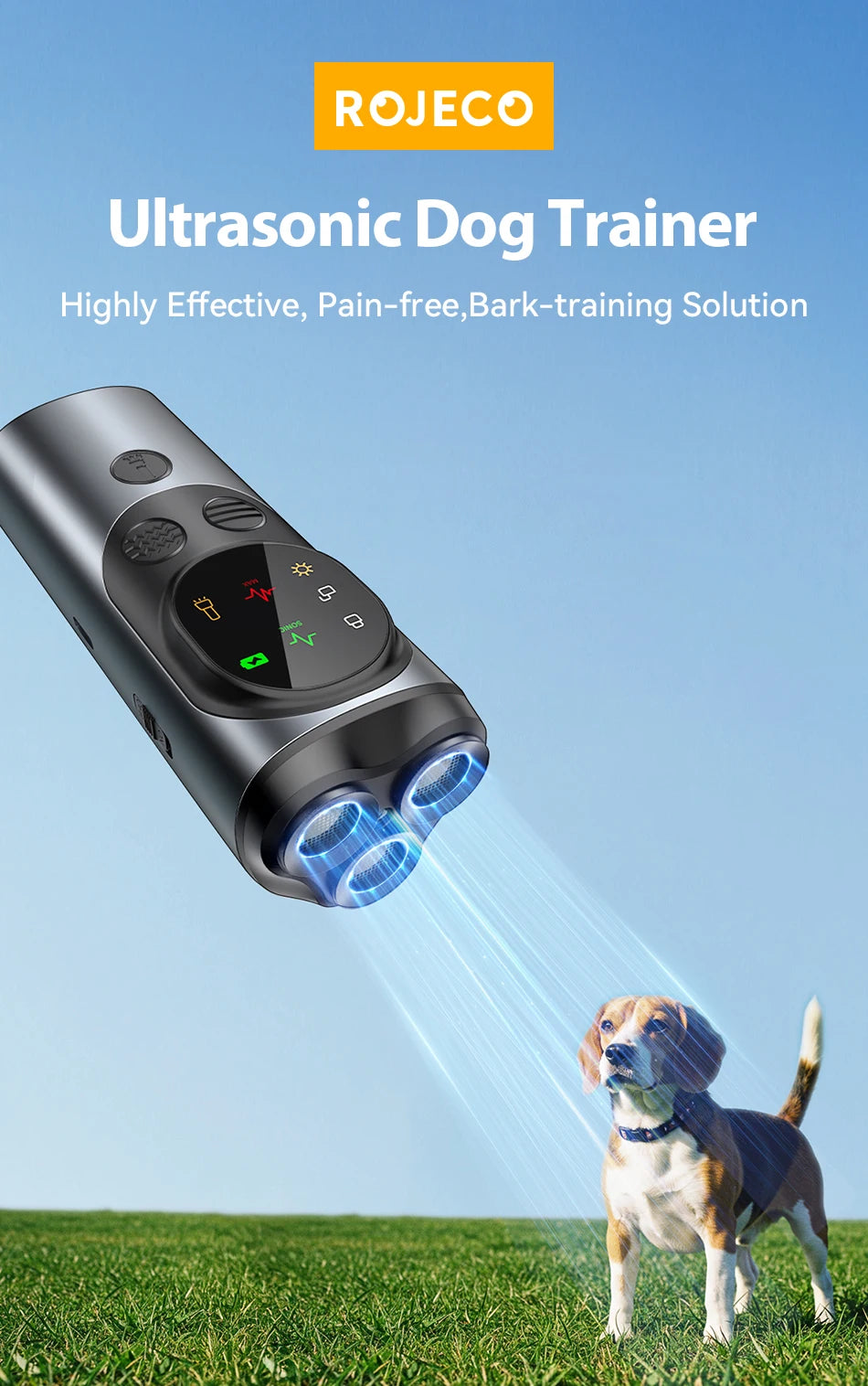 ROJECO Ultrasonic Dog Repeller Anti Barking Training Deterrent Device Rechargeable High Power Dog Repeller With LED Flashlight ﻿