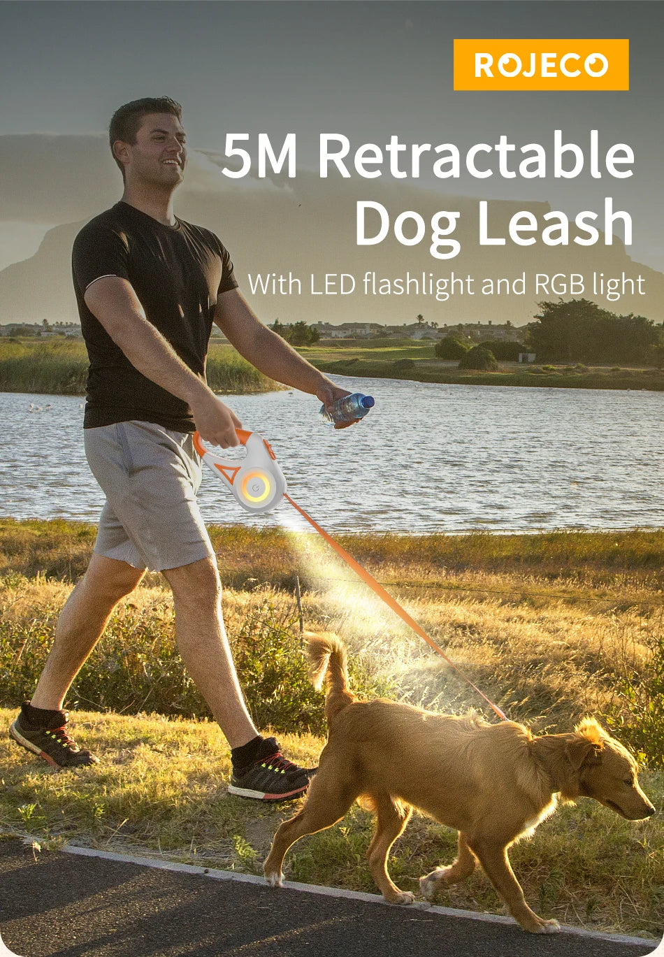 ROJECO 5M Automatic Dog Leash Retractable LED Luminous Leading Fashion Light Straps For Dog Puppy Pet Flexi Walking Running Lead
