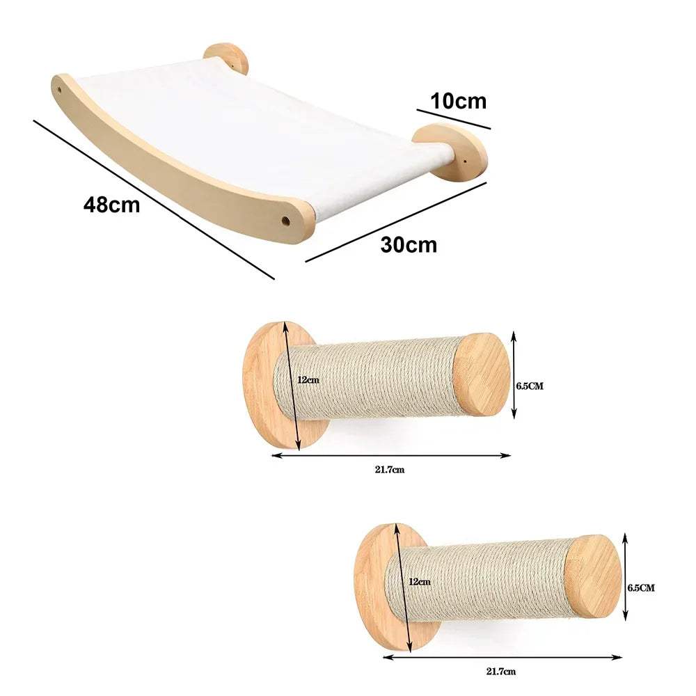 Solid Wood Wall-Mounted Cat Climbing Tower with Hammock