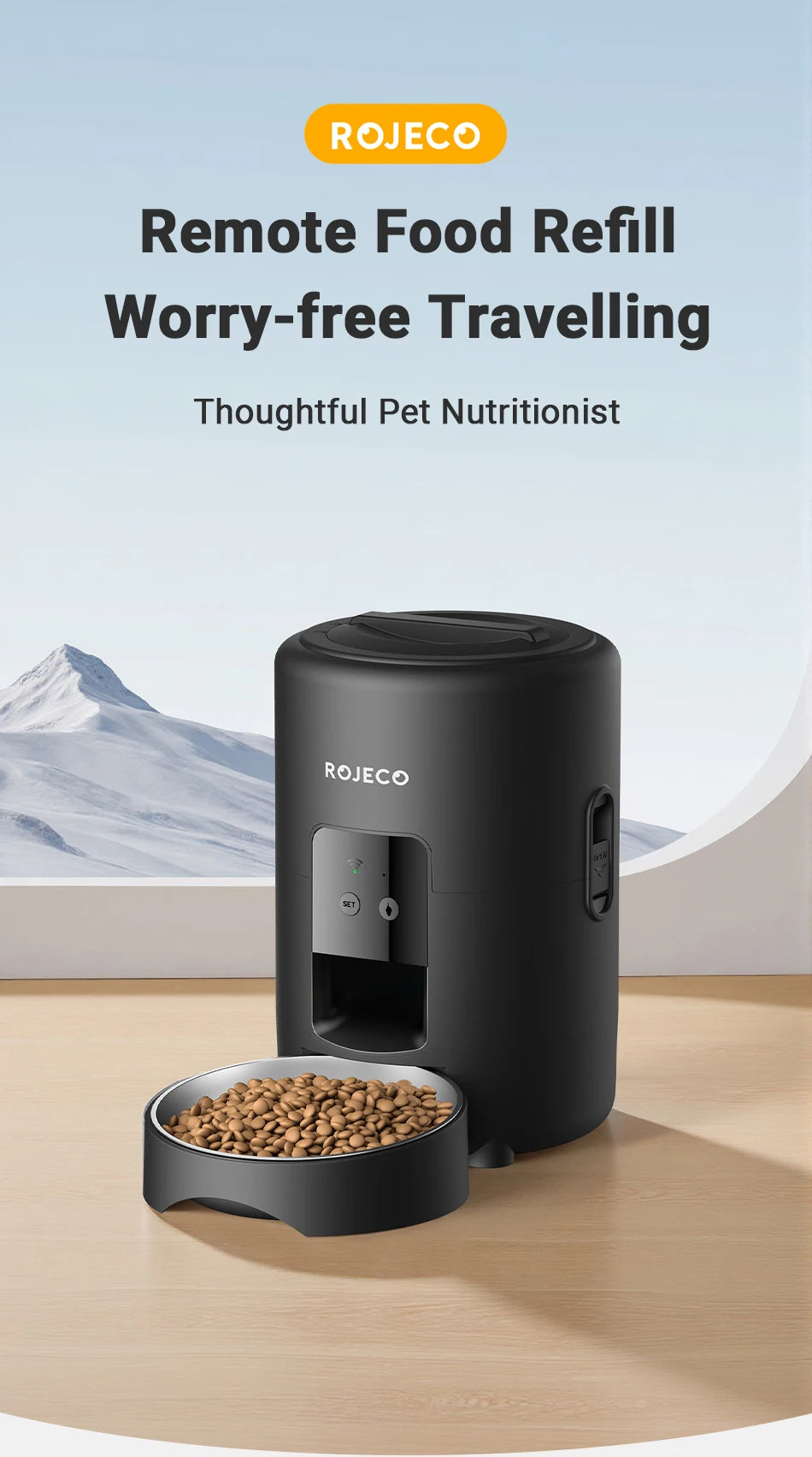 ROJECO 2L Auto Cat Feeder – WiFi App, Voice Recorder, Timed Kibble Dispenser