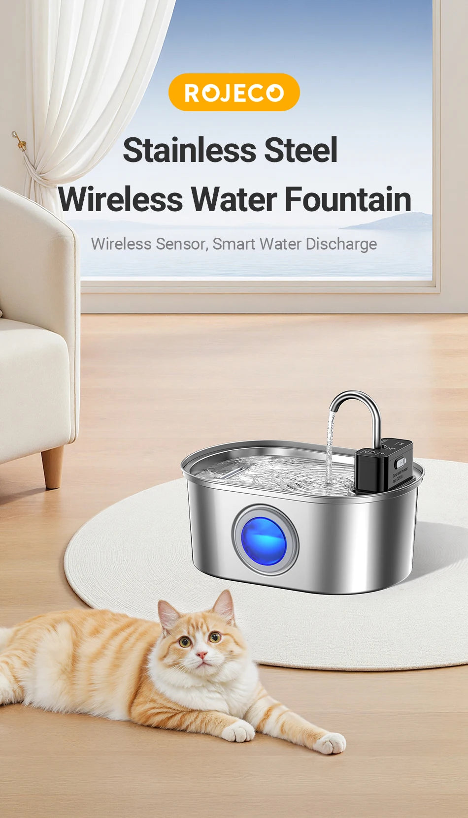 ROJECO 3.2L Stainless Steel Cat Water Fountain – Wireless Sensor, 4000mAh Battery