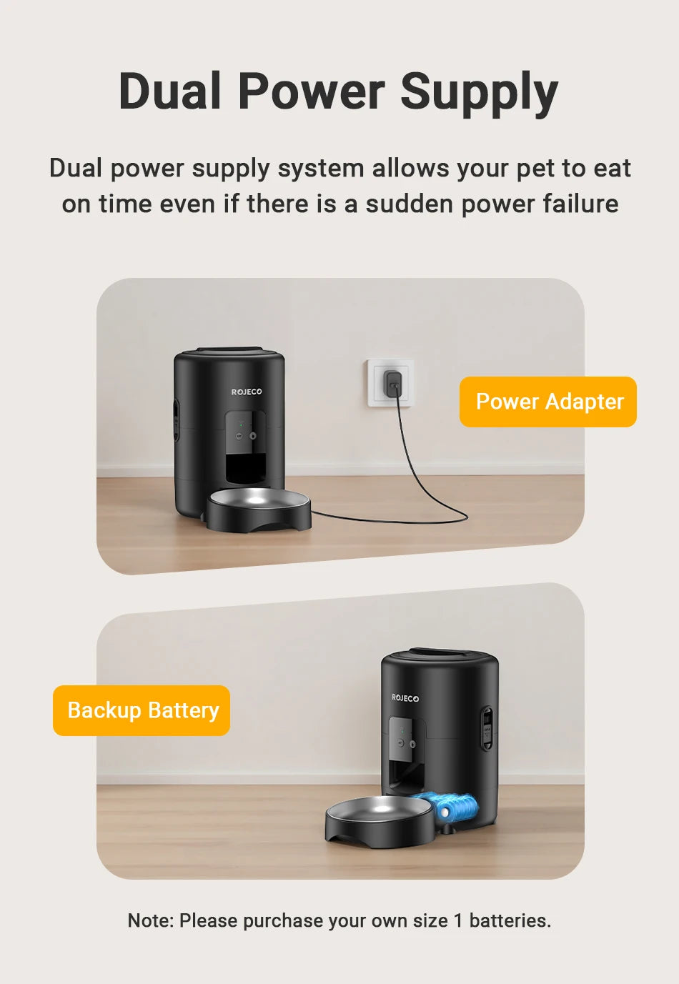 ROJECO 2L Auto Cat Feeder – WiFi App, Voice Recorder, Timed Kibble Dispenser