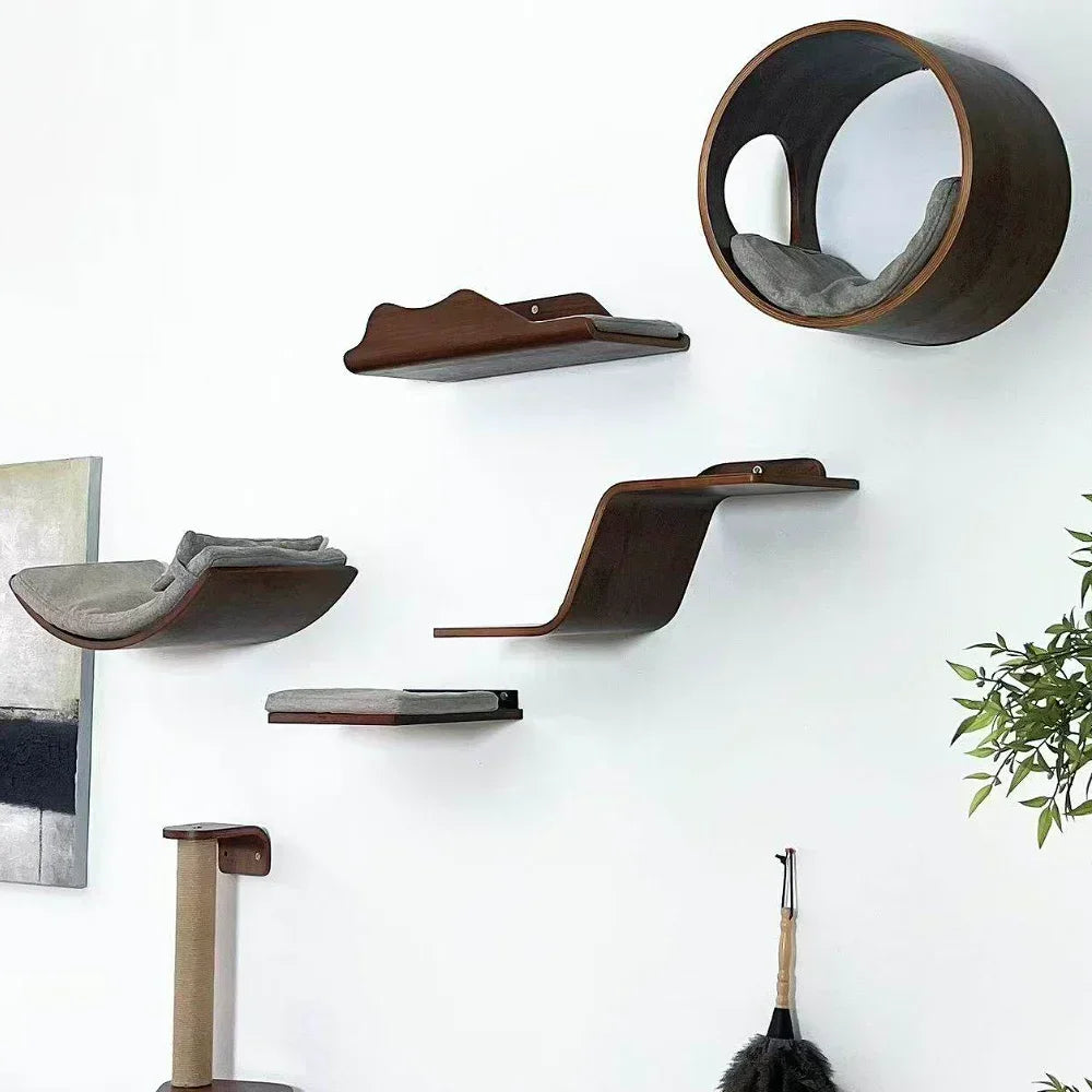 Solid Wood Wall-Mounted Cat Climbing Tower with Hammock