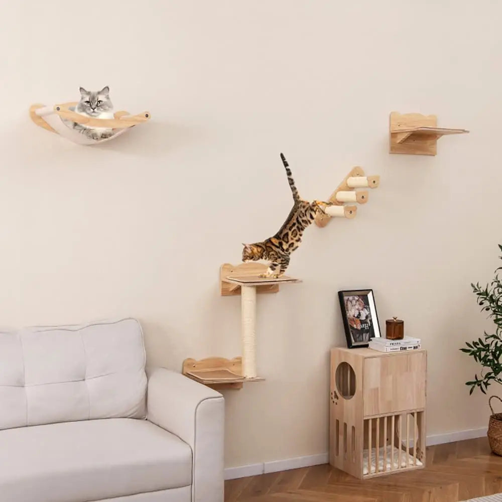 Set of 4 Cat Wall Furniture with 2-Step Cat Tree and Perch Including Hammock Quality Cat Scratcher