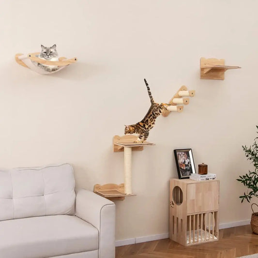 Set of 4 Cat Wall Furniture with 2-Step Cat Tree and Perch Including Hammock Quality Cat Scratcher