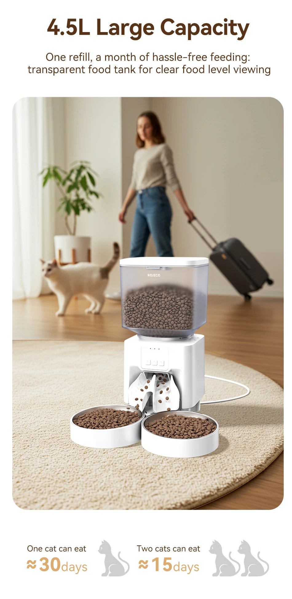 ROJECO 4.5L Auto Pet Feeder – WiFi App, Voice Record, Kibble Dispenser for Cats & Dogs