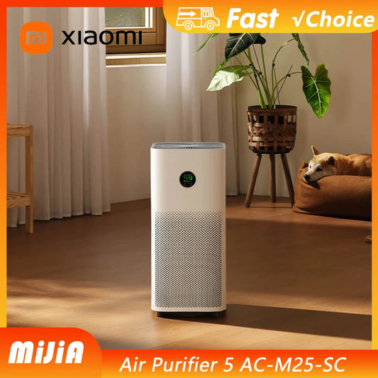 Xiaomi Mijia Air Purifier 5 by Waggy Tail, shown in a modern living room, with digital display and sleek white design.