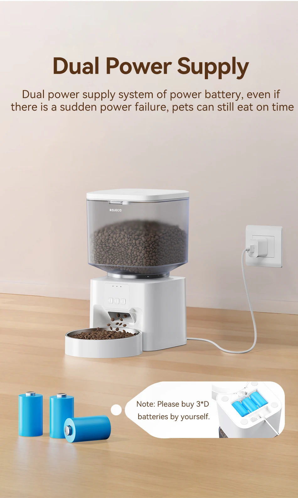 ROJECO 4.5L Auto Dog Feeder – WiFi App, Smart Kibble Dispenser for Cats & Dogs