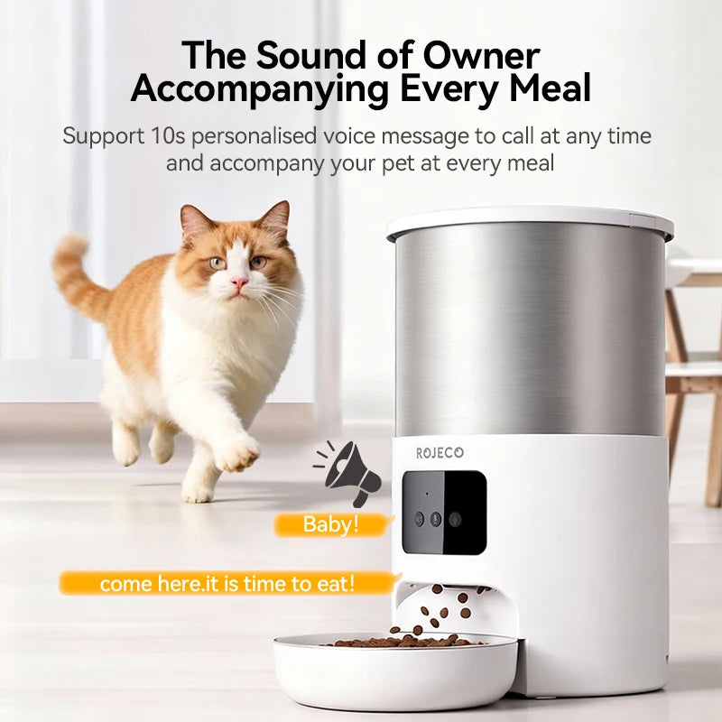 ROJECO Stainless Steel Auto Cat Feeder – WiFi App, Voice Recorder, Smart Dispenser