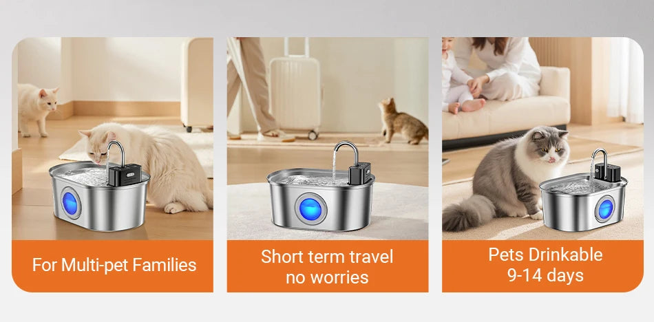 ROJECO 3.2L Stainless Steel Cat Water Fountain – Wireless Sensor, 4000mAh Battery