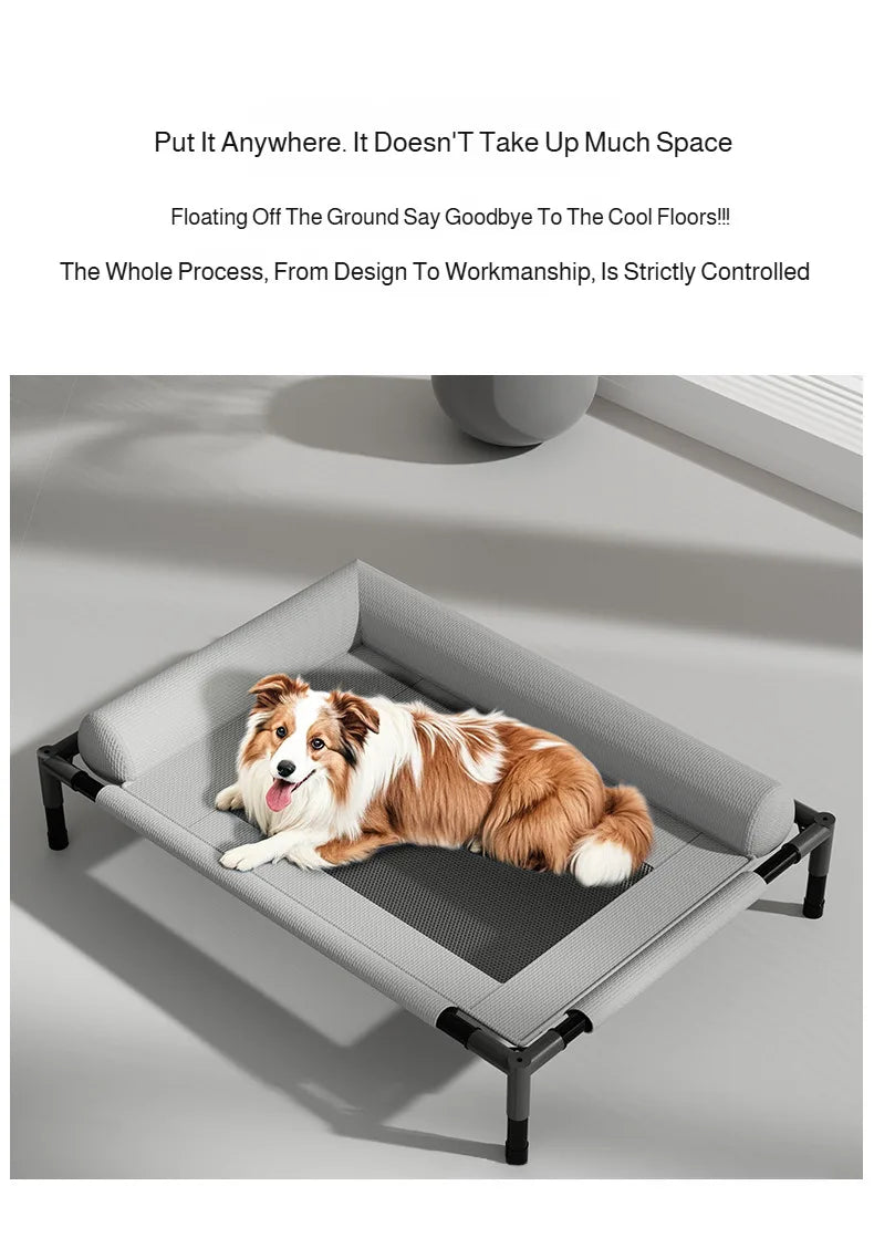 Waggy Tail elevated breathable mesh pet bed with moisture-proof design, large off-ground camp bed for dogs and cats.
