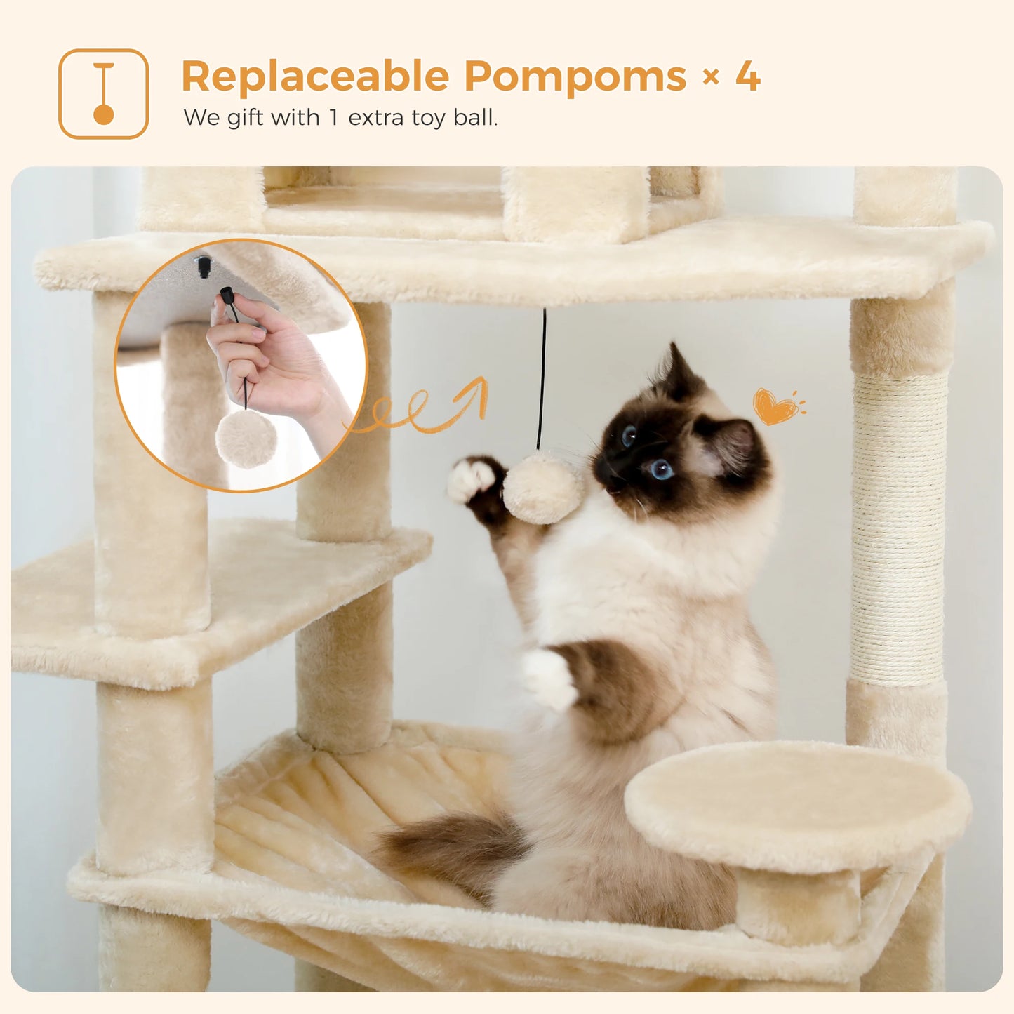 Multi-Level Cat Tree Tower with Scratching Posts&Board, Hammock, Cat Condo, Spacious Top Perch,Dangling Balls for Indoor Cats