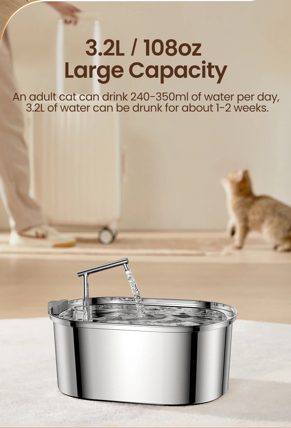 ROJECO Stainless Steel Cat Water Fountain – Auto Drinker with Pump for Cats & Dogs
