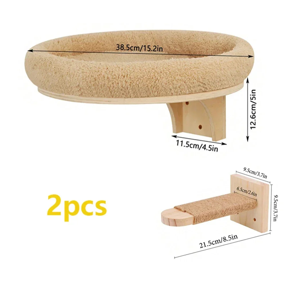 Solid Wood Wall-Mounted Cat Climbing Tower with Hammock
