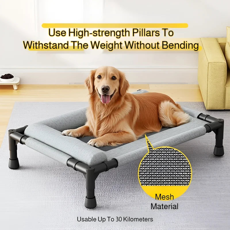 Waggy Tail elevated breathable mesh pet bed with moisture-proof design, suitable for dogs and cats, off-ground camping style.