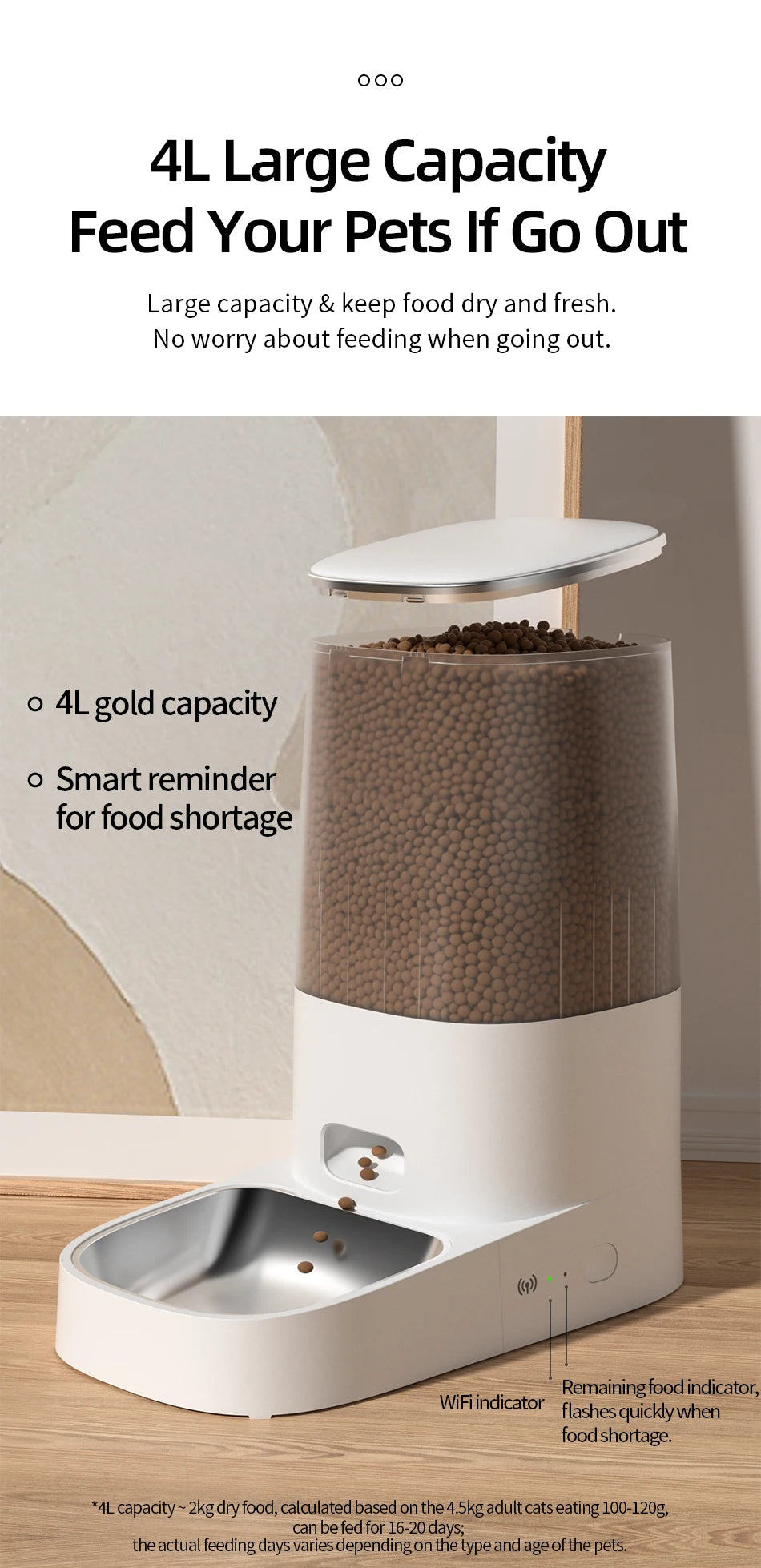 ROJECO Auto Cat Feeder – WiFi App, Remote Control, Dry Food Dispenser for Cats & Dogs